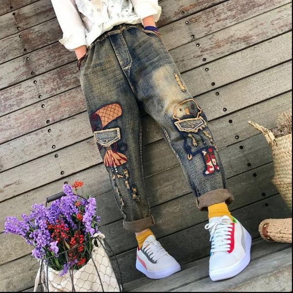 spring original vintage cartoon womens jean robot girl embroidery denim full length trousers loose harlan pants, Blue
spring original vintage cartoon womens jean robot girl embroidery denim full length trousers loose harlan pants, Blue