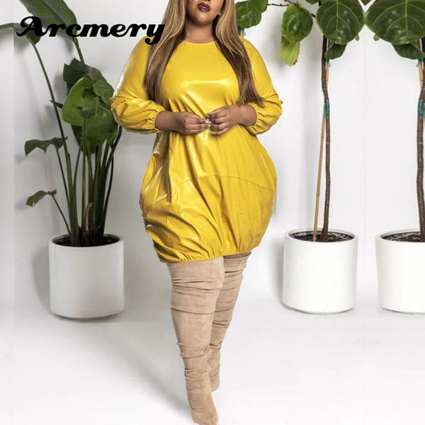 plus size dresses women o-neck long sleeve solid pu mini dress, Black 
plus size dresses women o-neck long sleeve solid pu mini dress, Black