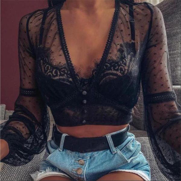 black mesh sheer lace long womens shirts bell sleeve v neck button fashion polka dot design streetwear ladies, White
black mesh sheer lace long womens shirts bell sleeve v neck button fashion polka dot design streetwear ladies, White