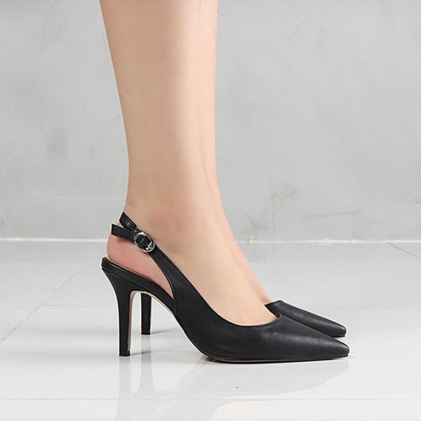 dress shoes 2021 spring women pumps high heels elegant mid heeled pointed toe slingbacks wedding party, Black