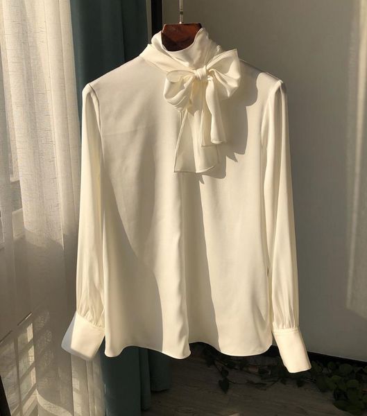 women's blouses & shirts ladies silk long sleeve ribbon collar solid color blouse shirt top, White
women's blouses & shirts ladies silk long sleeve ribbon collar solid color blouse shirt top, White