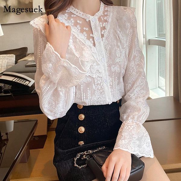 women's blouses & shirts elegant ruffled mesh stitching slim shirt spring flare sleeve women blouse flower embroidery stand collar lace, White
women's blouses & shirts elegant ruffled mesh stitching slim shirt spring flare sleeve women blouse flower embroidery stand collar lace, White