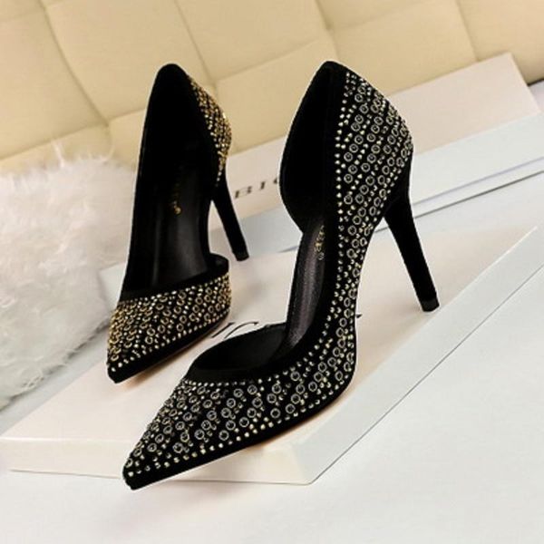 dress shoes spring and autumn ladies high heels fashion suede side hollow metal rhinestone rivet pointed female time, Black
dress shoes spring and autumn ladies high heels fashion suede side hollow metal rhinestone rivet pointed female time, Black