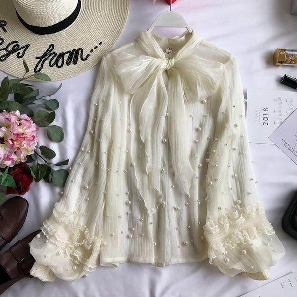 stand collar long sleeve tie neck bow blouse women white pearl beading embellished striped lantern shirt 210601
stand collar long sleeve tie neck bow blouse women white pearl beading embellished striped lantern shirt 210601