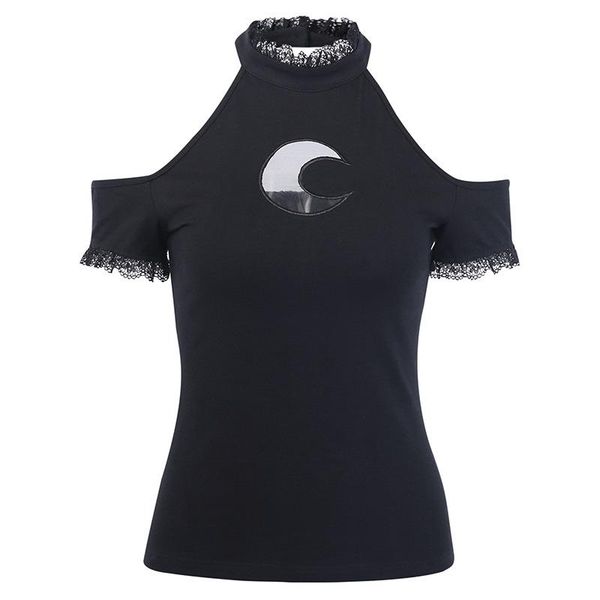 women's t-shirt dark crescent hole girl lace shoulder street mourning short sleeve spring costumes, White
women's t-shirt dark crescent hole girl lace shoulder street mourning short sleeve spring costumes, White