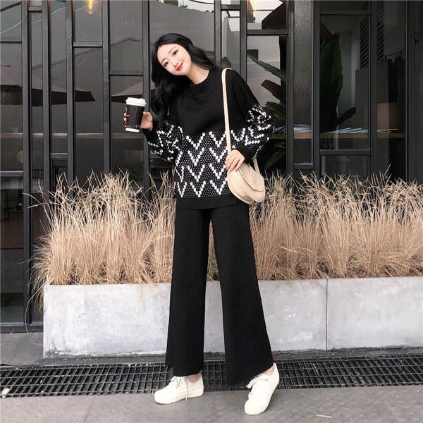 women sweater two piece knitted sets jacquard tracksuit chic pullover crewneck long sleeve wide leg pants women's sweaters, White;black
women sweater two piece knitted sets jacquard tracksuit chic pullover crewneck long sleeve wide leg pants women's sweaters, White;black