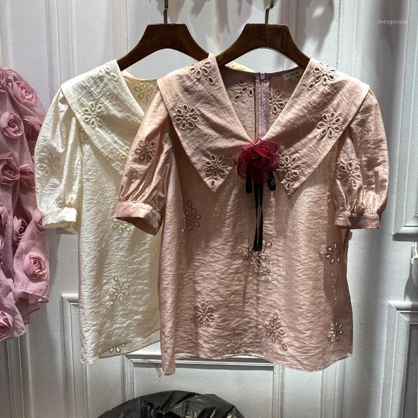 women's blouses & shirts 2021 summer wear niche small safflower decoration short sleeve hollow out solid color silk cotton top, White
women's blouses & shirts 2021 summer wear niche small safflower decoration short sleeve hollow out solid color silk cotton top, White