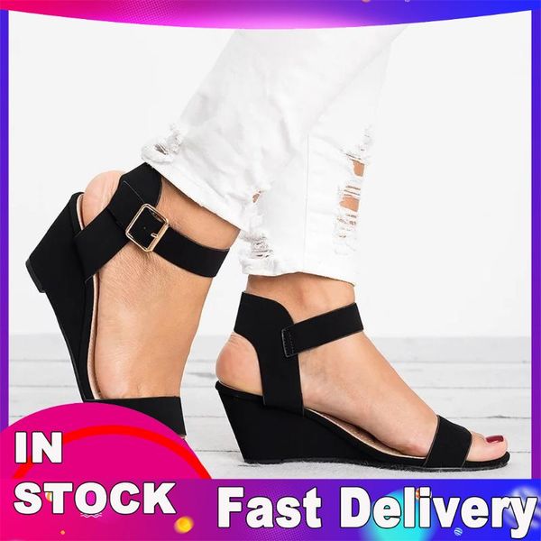 women's sandals solid wedges heel buckle strap roman shoes fashion high ladies, Black
women's sandals solid wedges heel buckle strap roman shoes fashion high ladies, Black