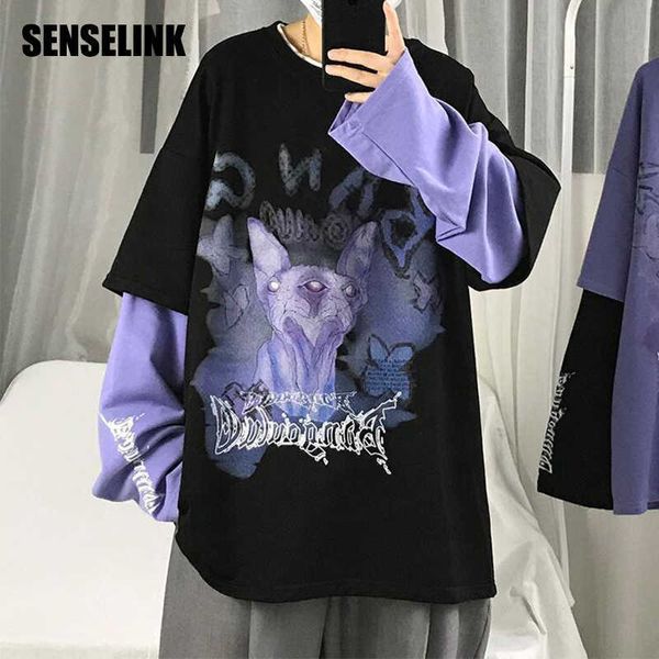 men t-shirt spring autumn high street fashion long-sleeve fake two-piece korean hip hop loose trendy clothing 210629, White;black
men t-shirt spring autumn high street fashion long-sleeve fake two-piece korean hip hop loose trendy clothing 210629, White;black