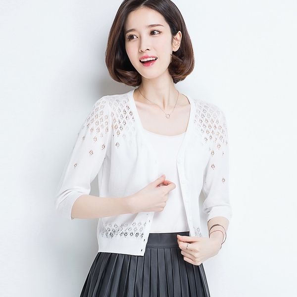 women's knits & tees women thin knitted cardigan coat casual v-neck 3/4 sleeve crochet knit sweater female hollow out gezx, White
women's knits & tees women thin knitted cardigan coat casual v-neck 3/4 sleeve crochet knit sweater female hollow out gezx, White