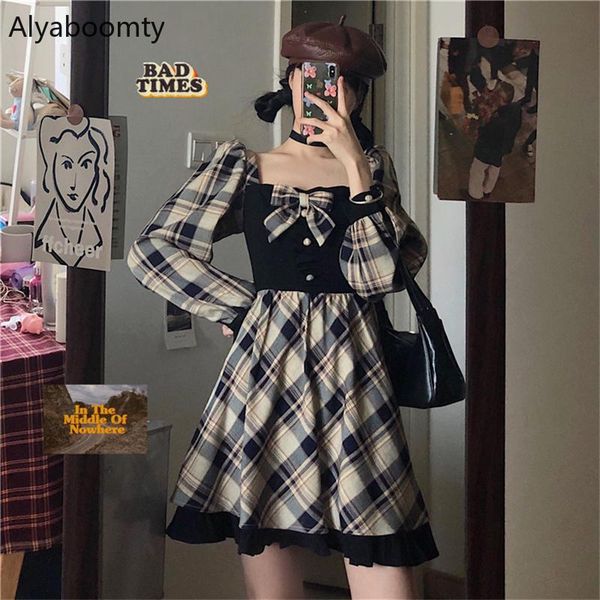casual dresses england style women mini dress square collar contrast color vintage plaid bow puff sleeve cute kawaii lolita ruffles, Black;gray
casual dresses england style women mini dress square collar contrast color vintage plaid bow puff sleeve cute kawaii lolita ruffles, Black;gray