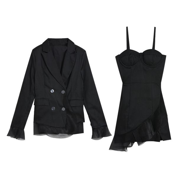 women elegant slim two-piece set suspender spliced mesh asymmetrical short dress ruffles double breasted blazer t3039 210514, Black;gray
women elegant slim two-piece set suspender spliced mesh asymmetrical short dress ruffles double breasted blazer t3039 210514, Black;gray