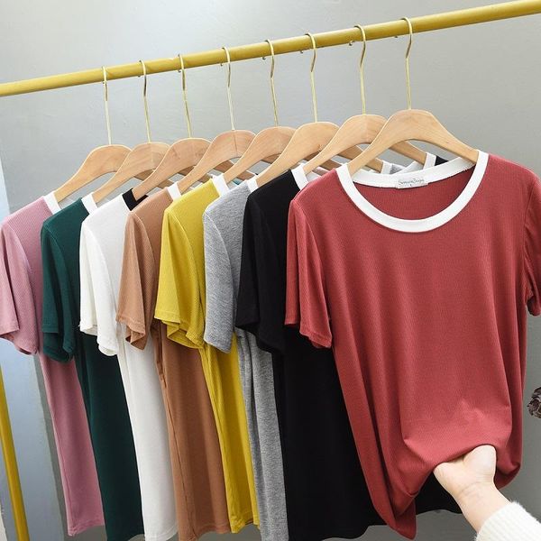 women's t-shirt 2021 high stretch ribbed summer women casual thin tees short sleeve solid ice silk korean clothes camiseta mujer, White
women's t-shirt 2021 high stretch ribbed summer women casual thin tees short sleeve solid ice silk korean clothes camiseta mujer, White
