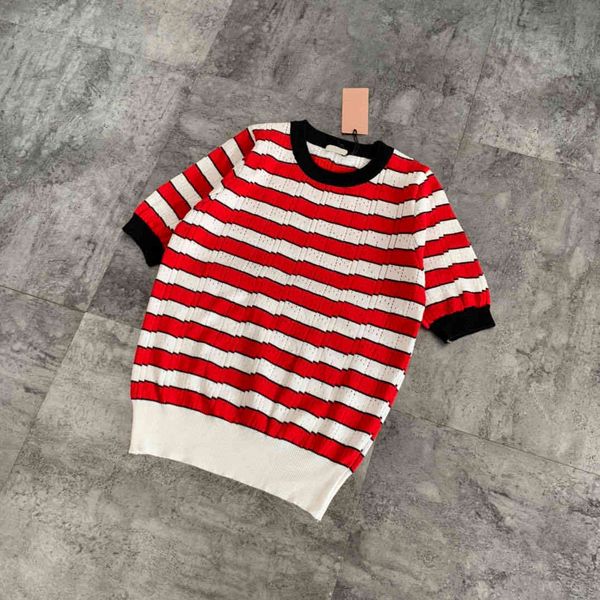 design clog hollow out striped knitted women's t-shirt elastic color matching round neck thin and versatile ice silk short sleeve, White
design clog hollow out striped knitted women's t-shirt elastic color matching round neck thin and versatile ice silk short sleeve, White