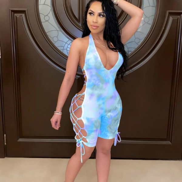 women painted romper jumpsuit shorts bodycon stretch sleeveless bandage lace-up hollow out playsuit summer backless overall women's jum, Black;white 
women painted romper jumpsuit shorts bodycon stretch sleeveless bandage lace-up hollow out playsuit summer backless overall women's jum, Black;white