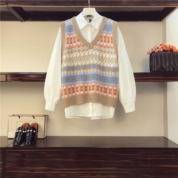 fall spring v-neck sweater vest and shirt two piece set women korean style plus size rhombus color matching knitted 210525, White;black
fall spring v-neck sweater vest and shirt two piece set women korean style plus size rhombus color matching knitted 210525, White;black