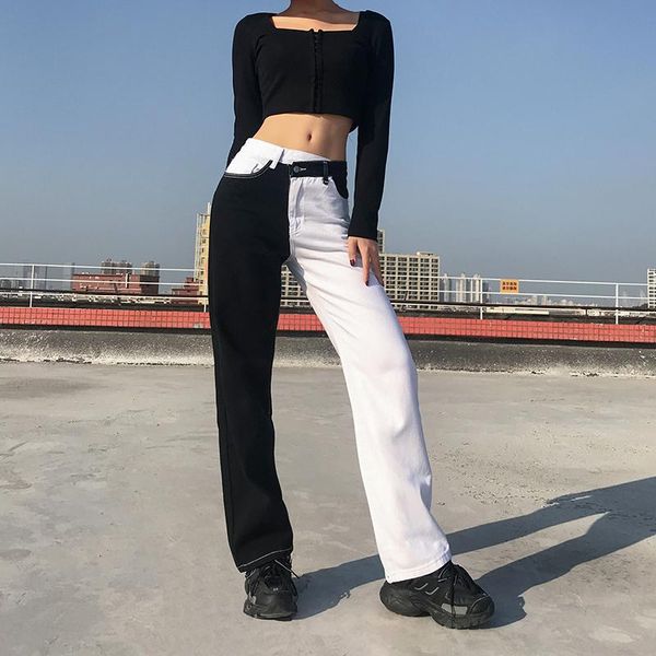 streetwear black white patched y2k jeans for girls female fashion 2021 women's denim pants high waisted trouser harajuku capris, Blue 
streetwear black white patched y2k jeans for girls female fashion 2021 women's denim pants high waisted trouser harajuku capris, Blue