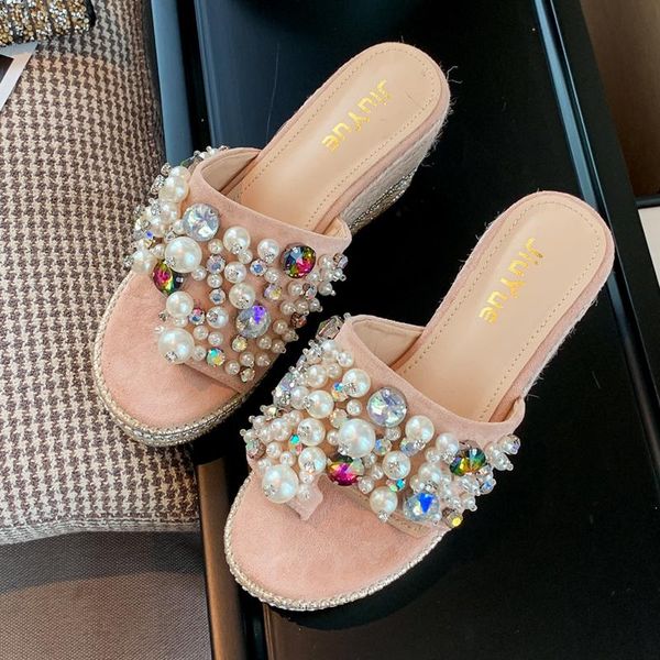 slippers one-word summer sweet pearl beaded wedges with thick-soled super high heel ladies sandals, Black
slippers one-word summer sweet pearl beaded wedges with thick-soled super high heel ladies sandals, Black
