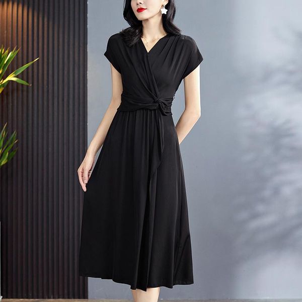 casual dresses elegant fashion women summer v-neck short sleeve high waist folds solid natural real silk lady a-line mid-calf dress, Black;gray
casual dresses elegant fashion women summer v-neck short sleeve high waist folds solid natural real silk lady a-line mid-calf dress, Black;gray