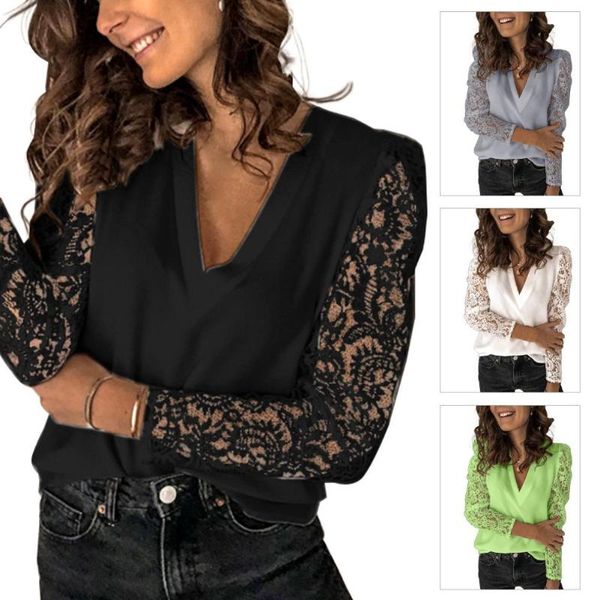 women deep v neck hollow out lace sleeve bottoming plus size blouse women's blouses & shirts, White
women deep v neck hollow out lace sleeve bottoming plus size blouse women's blouses & shirts, White