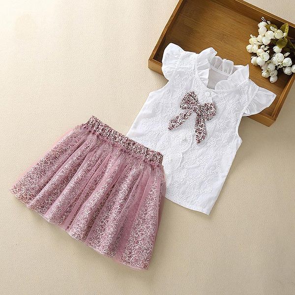 -selling girls' summer suits short-sleeved shirt + mesh short skirt children cute casual clothing 2 piece set outfits sets, White
-selling girls' summer suits short-sleeved shirt + mesh short skirt children cute casual clothing 2 piece set outfits sets, White