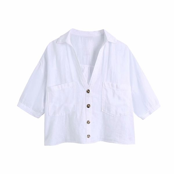 casual women v neck single-breasted blouse summer fashion ladies high street shirt female solid color short 210515, White
casual women v neck single-breasted blouse summer fashion ladies high street shirt female solid color short 210515, White