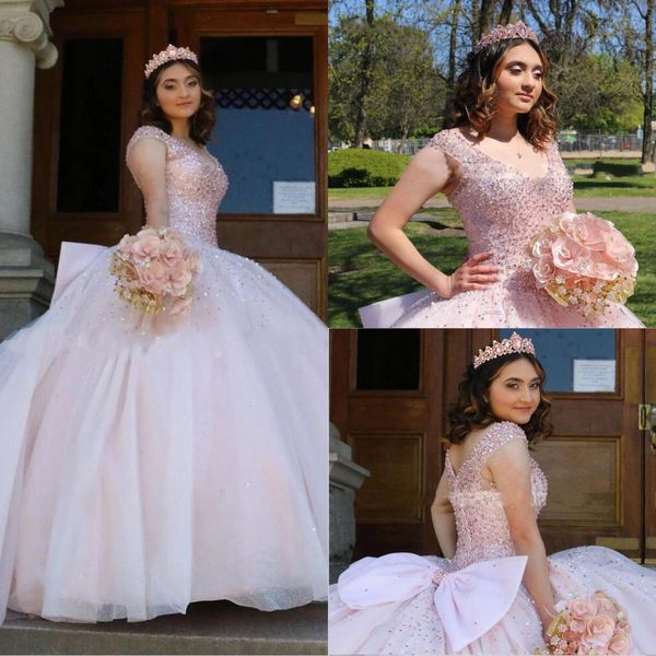 2022 blush pink prom quinceanera dresses short cap sleeves beaded crystal v-neck ball gown tulle party graduation sweet 16 dress, Blue;red
2022 blush pink prom quinceanera dresses short cap sleeves beaded crystal v-neck ball gown tulle party graduation sweet 16 dress, Blue;red