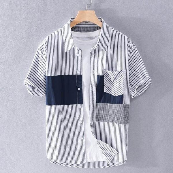 men's casual shirts 2021 summer style patchwork striped shirt men brand short sleeve for fashion mens clothing chemise, White;black
men's casual shirts 2021 summer style patchwork striped shirt men brand short sleeve for fashion mens clothing chemise, White;black