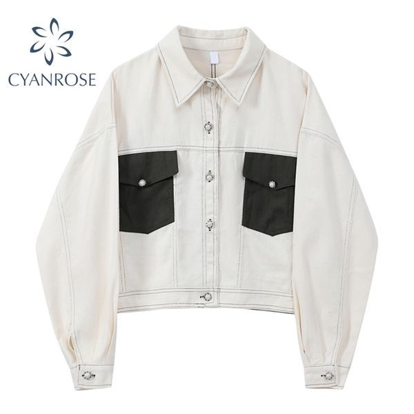 white denim jacket stitched pocket lapel single breasted streetwear korean jean outwear casual loose harajuku bf coat lady 210430, Black;brown
white denim jacket stitched pocket lapel single breasted streetwear korean jean outwear casual loose harajuku bf coat lady 210430, Black;brown