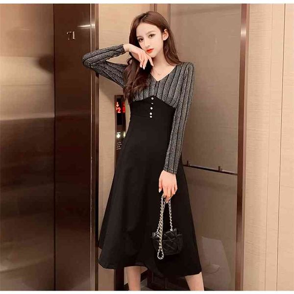 women's spring autumn dress french stitching striped v-neck waist slimming long sleeve bottoming es ll921 210506, Black;gray
women's spring autumn dress french stitching striped v-neck waist slimming long sleeve bottoming es ll921 210506, Black;gray