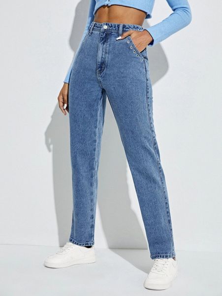 high waist grommet eyelet straight leg jeans w87y#, Blue