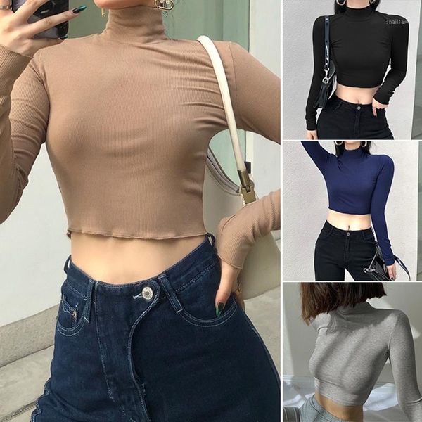 women's t-shirt solid color turtleneck cropped t shirt women autumn casual long sleeve ladies skinny basic tee, White
women's t-shirt solid color turtleneck cropped t shirt women autumn casual long sleeve ladies skinny basic tee, White