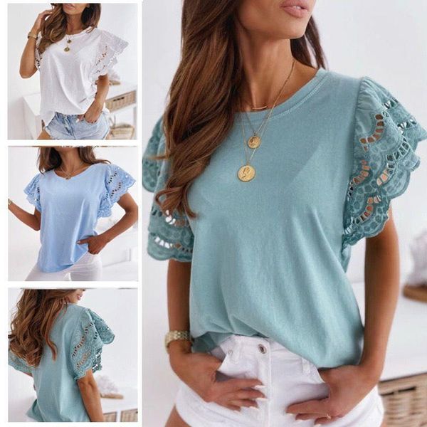 women's t-shirt lace patchwork hollow out o-neck short sleeve summer wdc7662, White
women's t-shirt lace patchwork hollow out o-neck short sleeve summer wdc7662, White
