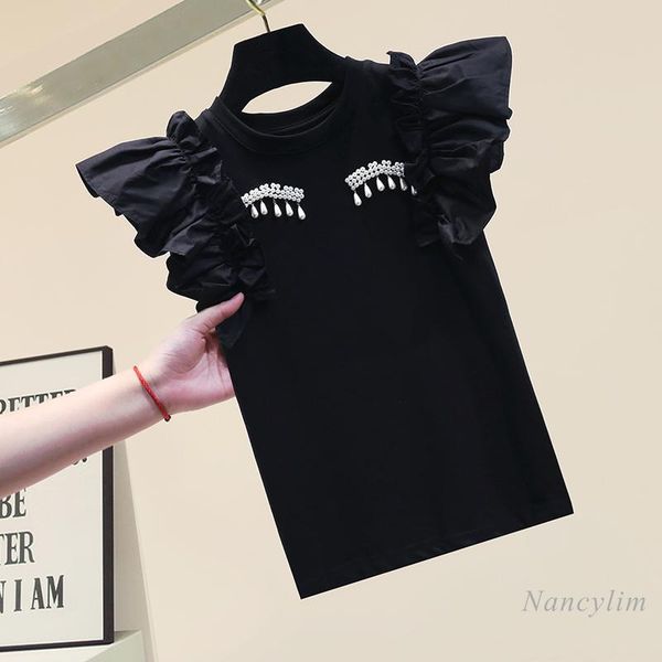 women's t-shirt sleeveless for women ruffles sleeve round neck beaded cotton tshirt girls ladies summer 2021, White
women's t-shirt sleeveless for women ruffles sleeve round neck beaded cotton tshirt girls ladies summer 2021, White