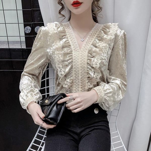 women's blouses & shirts blouse women pleuche autumn and winter v-neck long-sleeved lace shirt blusas ropa de mujer, White
women's blouses & shirts blouse women pleuche autumn and winter v-neck long-sleeved lace shirt blusas ropa de mujer, White