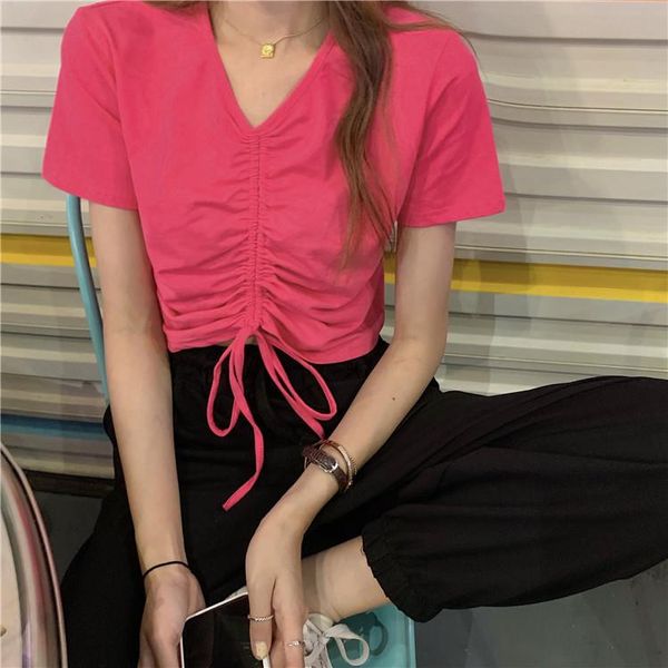 women's t-shirt solid short sleeve v-neck t-shirts hipster causal tees loose drawstring crop summer fashion brand korean clothing, White
women's t-shirt solid short sleeve v-neck t-shirts hipster causal tees loose drawstring crop summer fashion brand korean clothing, White