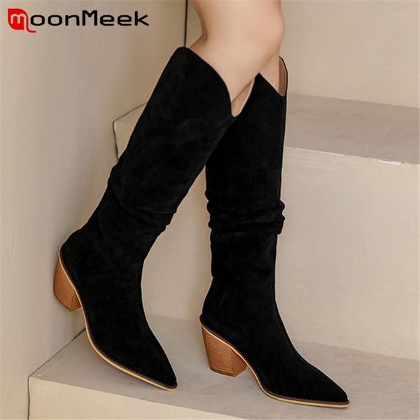 boots moonmeek est cowboy western women thick heel fashion shoes pleated pointed toe suede leather knee high, Black 
boots moonmeek est cowboy western women thick heel fashion shoes pleated pointed toe suede leather knee high, Black
