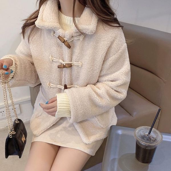 women's jackets women horn button korean fur jacket autumn winter casual turn down collar short coat female lamb wool warm outwear, Black;brown
women's jackets women horn button korean fur jacket autumn winter casual turn down collar short coat female lamb wool warm outwear, Black;brown