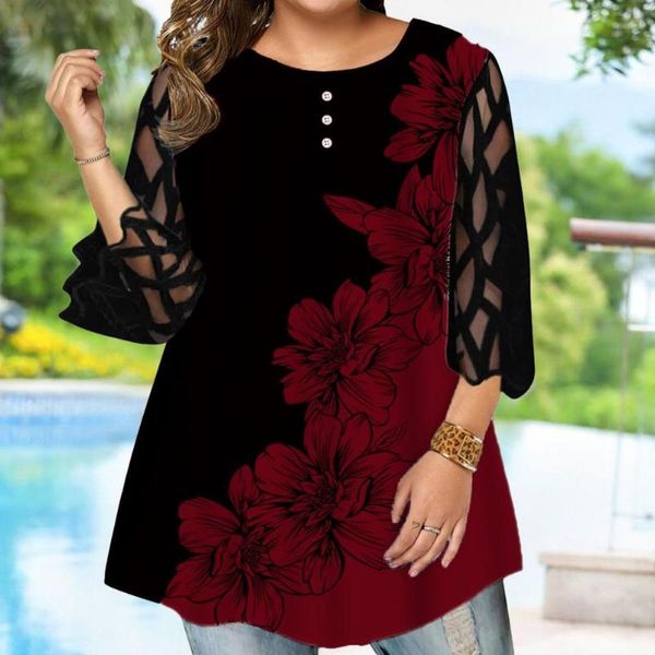 women's blouses & shirts women blouse contrast color floral print geometric translucent sleeve o neck shirt streetwear, White
women's blouses & shirts women blouse contrast color floral print geometric translucent sleeve o neck shirt streetwear, White