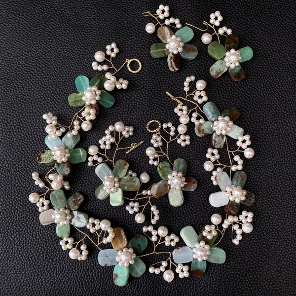 earrings & necklace natural stone statement green chrysoprase real white pearl flower handmade bracelet set, Silver 
earrings & necklace natural stone statement green chrysoprase real white pearl flower handmade bracelet set, Silver