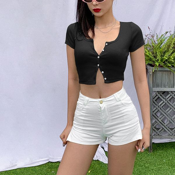 women spring summer t-shirt v neck short sleeve casual crop shirt summer solid button tee shirt mujer 210522, White
women spring summer t-shirt v neck short sleeve casual crop shirt summer solid button tee shirt mujer 210522, White