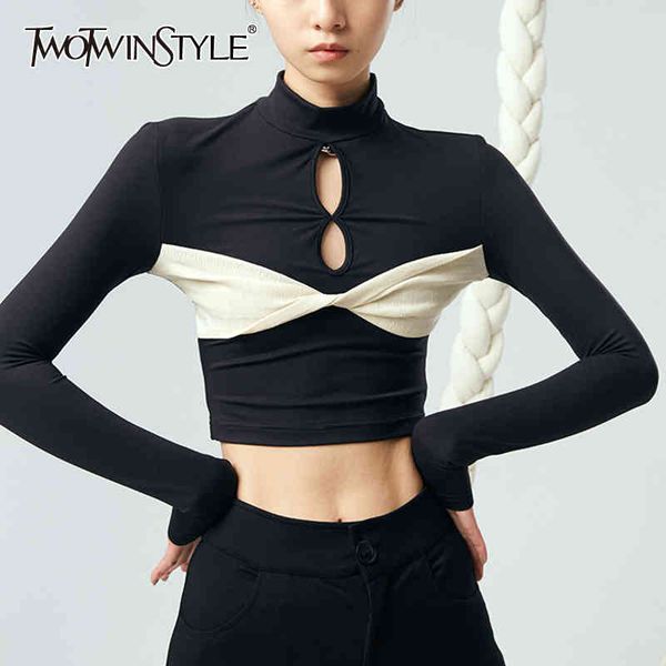 twowinsyle black shirt for women stand collar long sleeve hollow out slim shirts females summer fashion stylish 210524, White 
twowinsyle black shirt for women stand collar long sleeve hollow out slim shirts females summer fashion stylish 210524, White