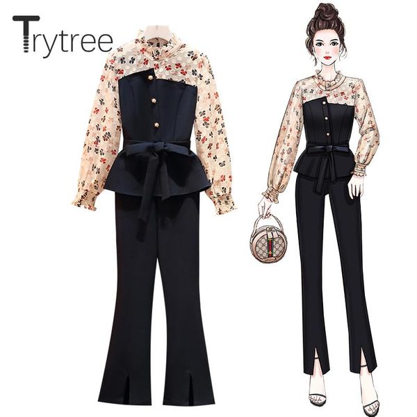 women's tracksuits trytree spring autumn casual two piece women sets floral patchwork ruffles belt flared pants split hem office 2 set, Gray
women's tracksuits trytree spring autumn casual two piece women sets floral patchwork ruffles belt flared pants split hem office 2 set, Gray