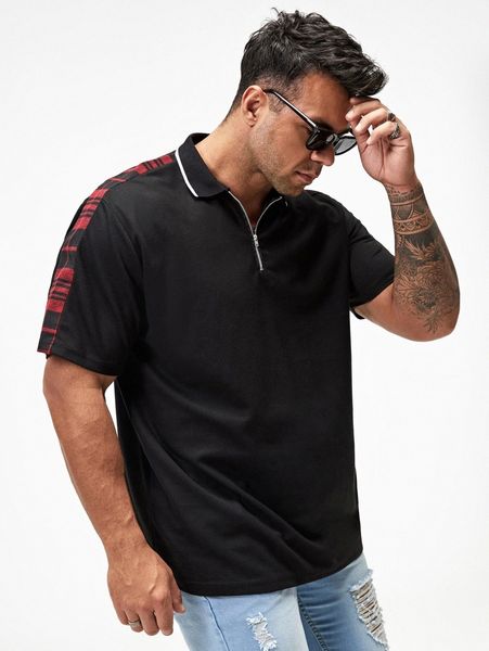 extended sizes men quarter zip contrast plaid side seam polo shirt v8ik#, White;black
extended sizes men quarter zip contrast plaid side seam polo shirt v8ik#, White;black