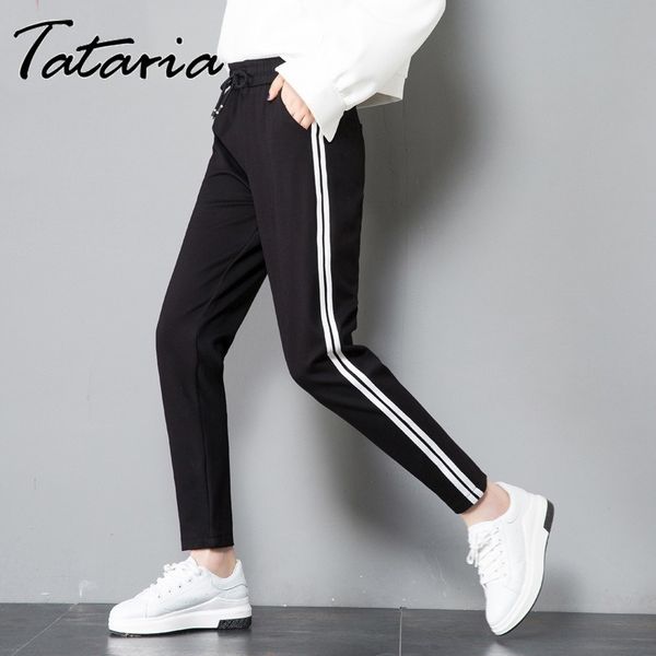 women's pants plus size korean style motion elastic waist sportstrousers black white striped side sweatpants women 210514
women's pants plus size korean style motion elastic waist sportstrousers black white striped side sweatpants women 210514