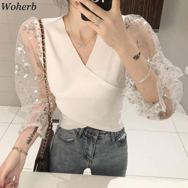 women's blouses & shirts woherb womens fashion knitted lady gauze patchwork lace sequined blouse long sleve v-neck short blusas, White
women's blouses & shirts woherb womens fashion knitted lady gauze patchwork lace sequined blouse long sleve v-neck short blusas, White