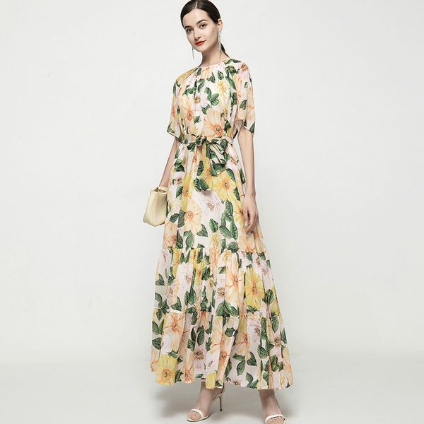 women's runway dress o neck short sleeves printed lace up sash belt fashion mid dresses vestidos, Black
women's runway dress o neck short sleeves printed lace up sash belt fashion mid dresses vestidos, Black