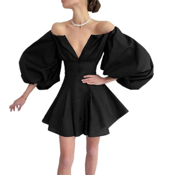 casual dresses 2021 women's puff sleeve one-shoulder party attire french temperament slim solid color a-line button, Black;gray
casual dresses 2021 women's puff sleeve one-shoulder party attire french temperament slim solid color a-line button, Black;gray