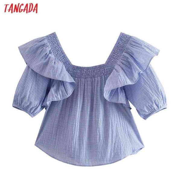 women retro blue plaid print ruffles short sleeve off shoulder summer chic female shirt 4n52 210416, White
women retro blue plaid print ruffles short sleeve off shoulder summer chic female shirt 4n52 210416, White