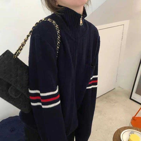 tb double armband stripe high neck zipper coat women's fall 2021 new college style leisure long sleeve sweater, White 
tb double armband stripe high neck zipper coat women's fall 2021 new college style leisure long sleeve sweater, White